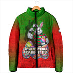 Personalized South Sydney Rabbitohs Padded Jacket Easter Mascot - Colorful Eggs Cartoon Style