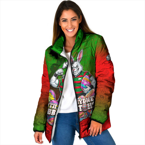 Personalized South Sydney Rabbitohs Padded Jacket Easter Mascot - Colorful Eggs Cartoon Style