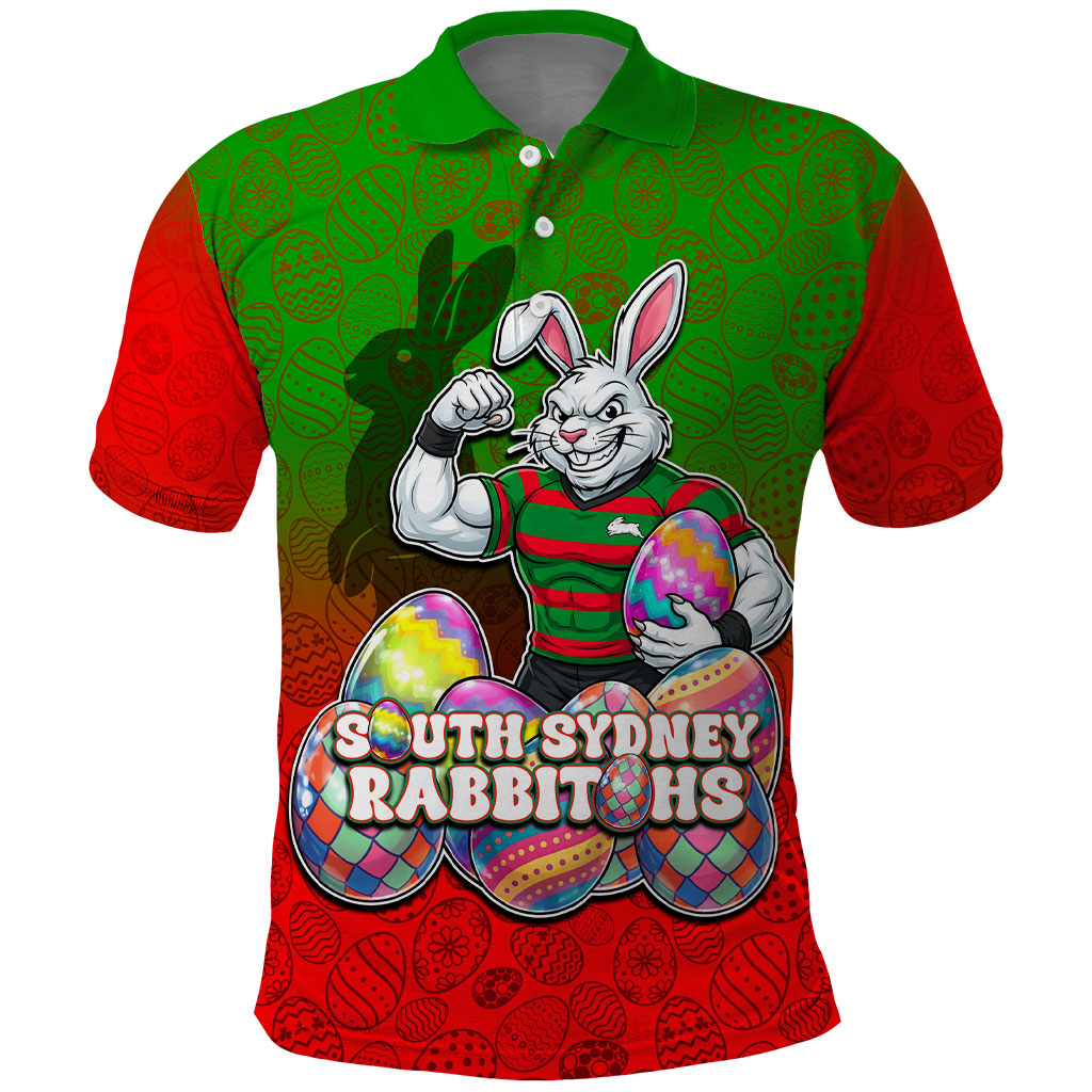 Personalized South Sydney Rabbitohs Polo Shirt Easter Mascot - Colorful Eggs Cartoon Style