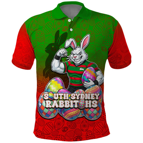 Personalized South Sydney Rabbitohs Polo Shirt Easter Mascot - Colorful Eggs Cartoon Style