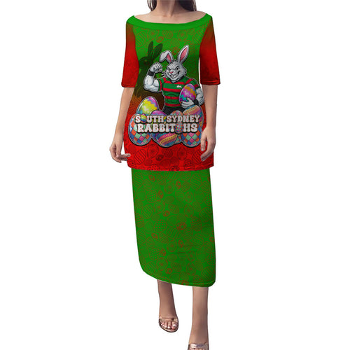 Personalized South Sydney Rabbitohs Puletasi Easter Mascot - Colorful Eggs Cartoon Style