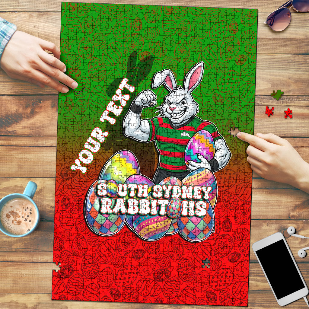 Personalized South Sydney Rabbitohs Puzzle Easter Mascot - Colorful Eggs Cartoon Style