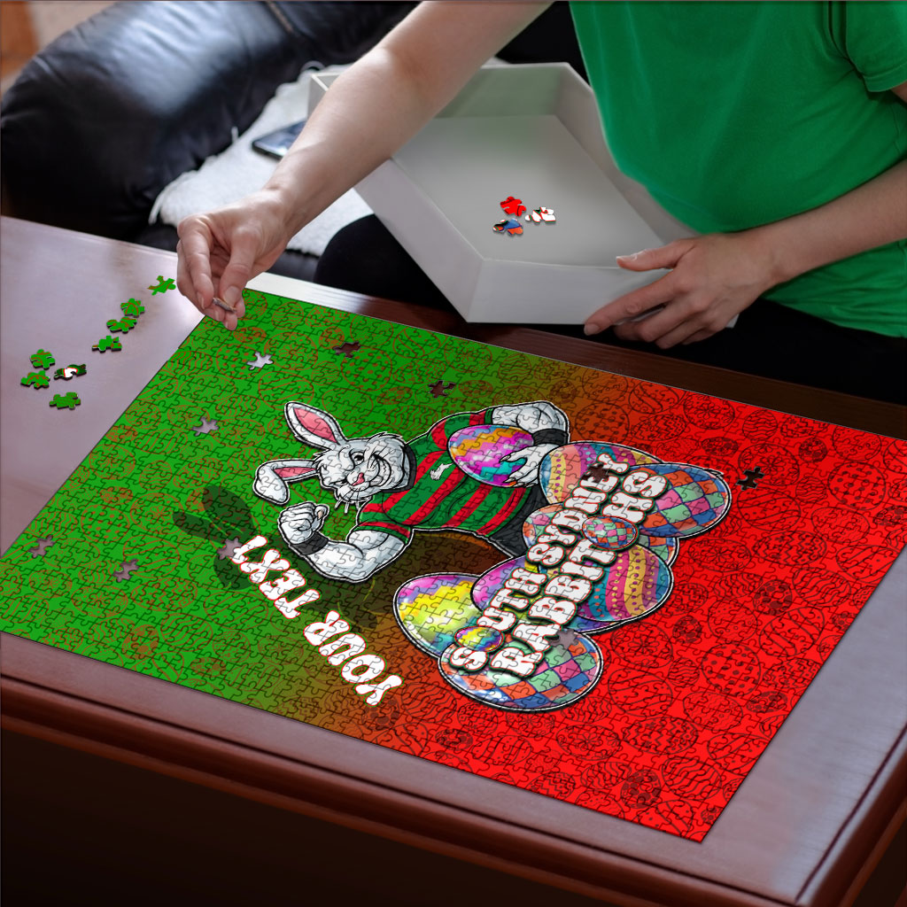 Personalized South Sydney Rabbitohs Puzzle Easter Mascot - Colorful Eggs Cartoon Style