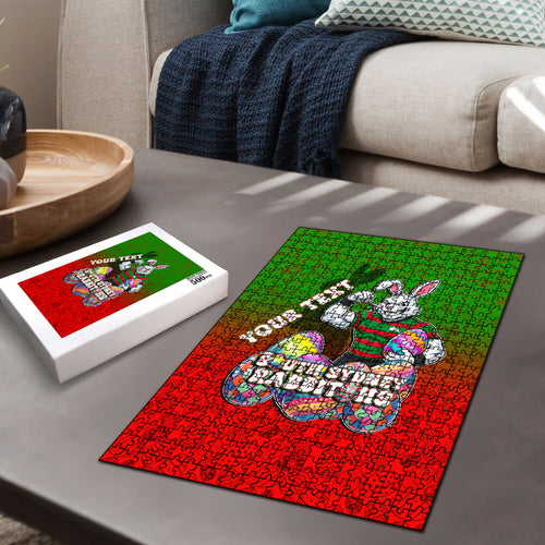 Personalized South Sydney Rabbitohs Puzzle Easter Mascot - Colorful Eggs Cartoon Style