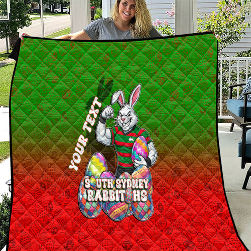 Personalized South Sydney Rabbitohs Quilt Easter Mascot - Colorful Eggs Cartoon Style
