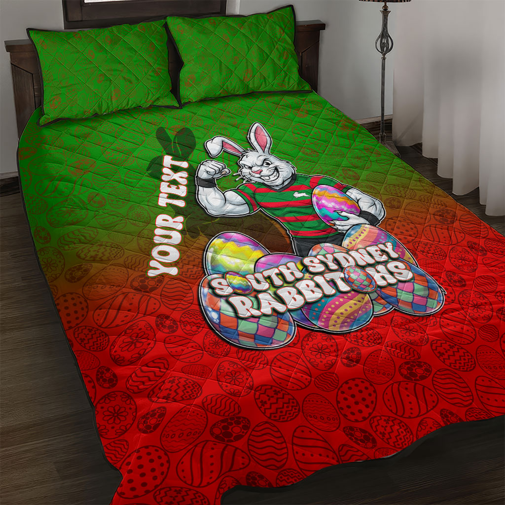 Personalized South Sydney Rabbitohs Quilt Bed Set Easter Mascot - Colorful Eggs Cartoon Style