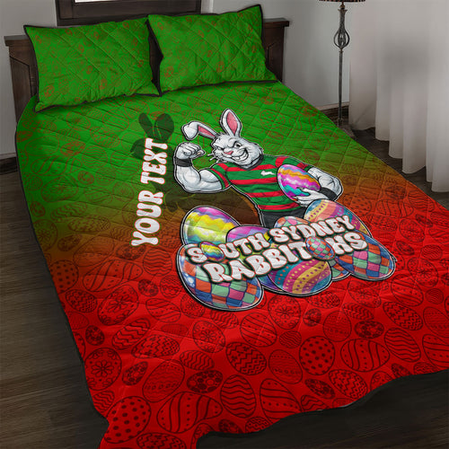 Personalized South Sydney Rabbitohs Quilt Bed Set Easter Mascot - Colorful Eggs Cartoon Style