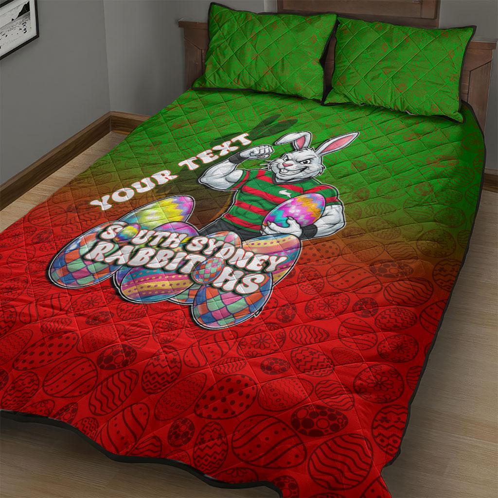 Personalized South Sydney Rabbitohs Quilt Bed Set Easter Mascot - Colorful Eggs Cartoon Style