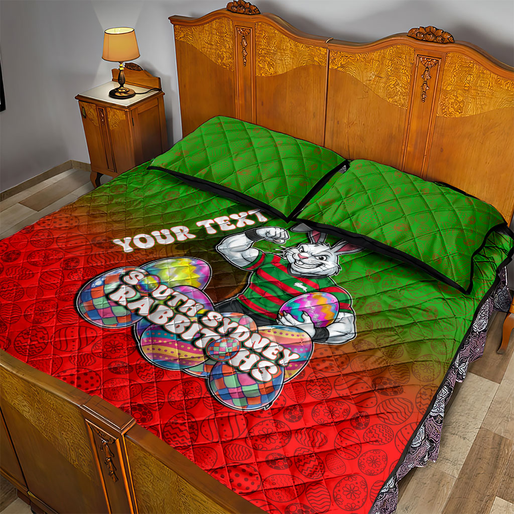 Personalized South Sydney Rabbitohs Quilt Bed Set Easter Mascot - Colorful Eggs Cartoon Style