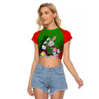 Personalized South Sydney Rabbitohs Raglan Cropped T Shirt Easter Mascot - Colorful Eggs Cartoon Style