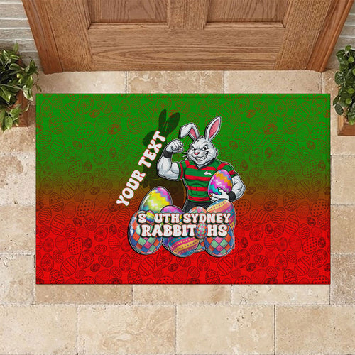 Personalized South Sydney Rabbitohs Rubber Doormat Easter Mascot - Colorful Eggs Cartoon Style