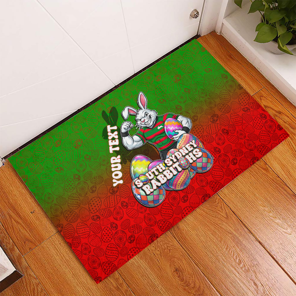 Personalized South Sydney Rabbitohs Rubber Doormat Easter Mascot - Colorful Eggs Cartoon Style