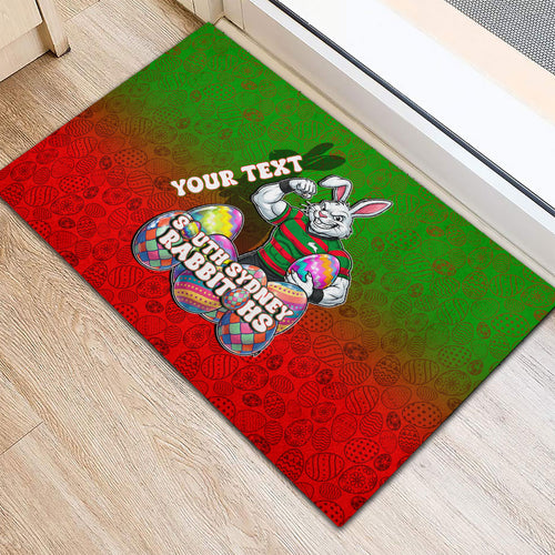 Personalized South Sydney Rabbitohs Rubber Doormat Easter Mascot - Colorful Eggs Cartoon Style