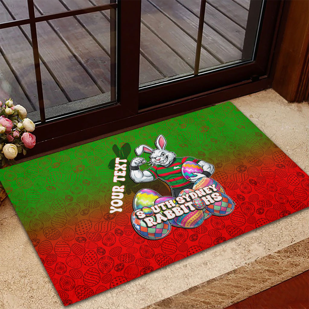 Personalized South Sydney Rabbitohs Rubber Doormat Easter Mascot - Colorful Eggs Cartoon Style