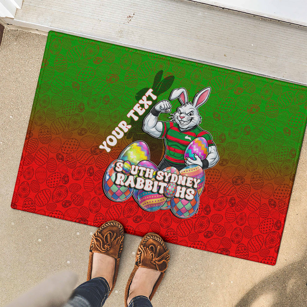 Personalized South Sydney Rabbitohs Rubber Doormat Easter Mascot - Colorful Eggs Cartoon Style