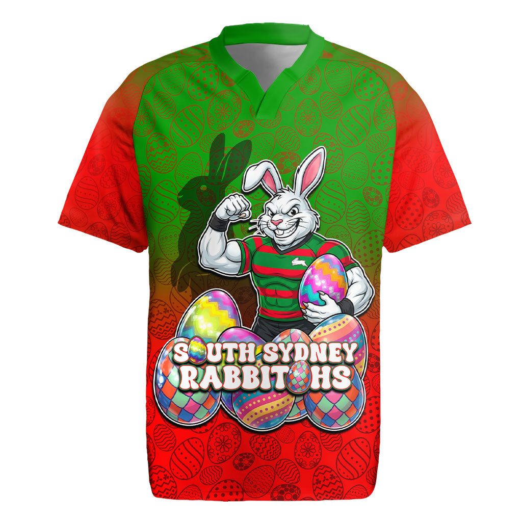 Personalized South Sydney Rabbitohs Rugby Jersey Easter Mascot - Colorful Eggs Cartoon Style