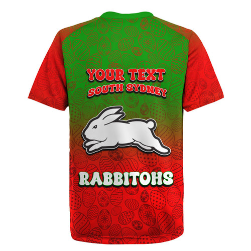 Personalized South Sydney Rabbitohs Rugby Jersey Easter Mascot - Colorful Eggs Cartoon Style