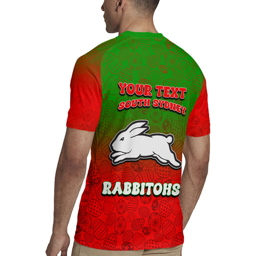 Personalized South Sydney Rabbitohs Rugby Jersey Easter Mascot - Colorful Eggs Cartoon Style