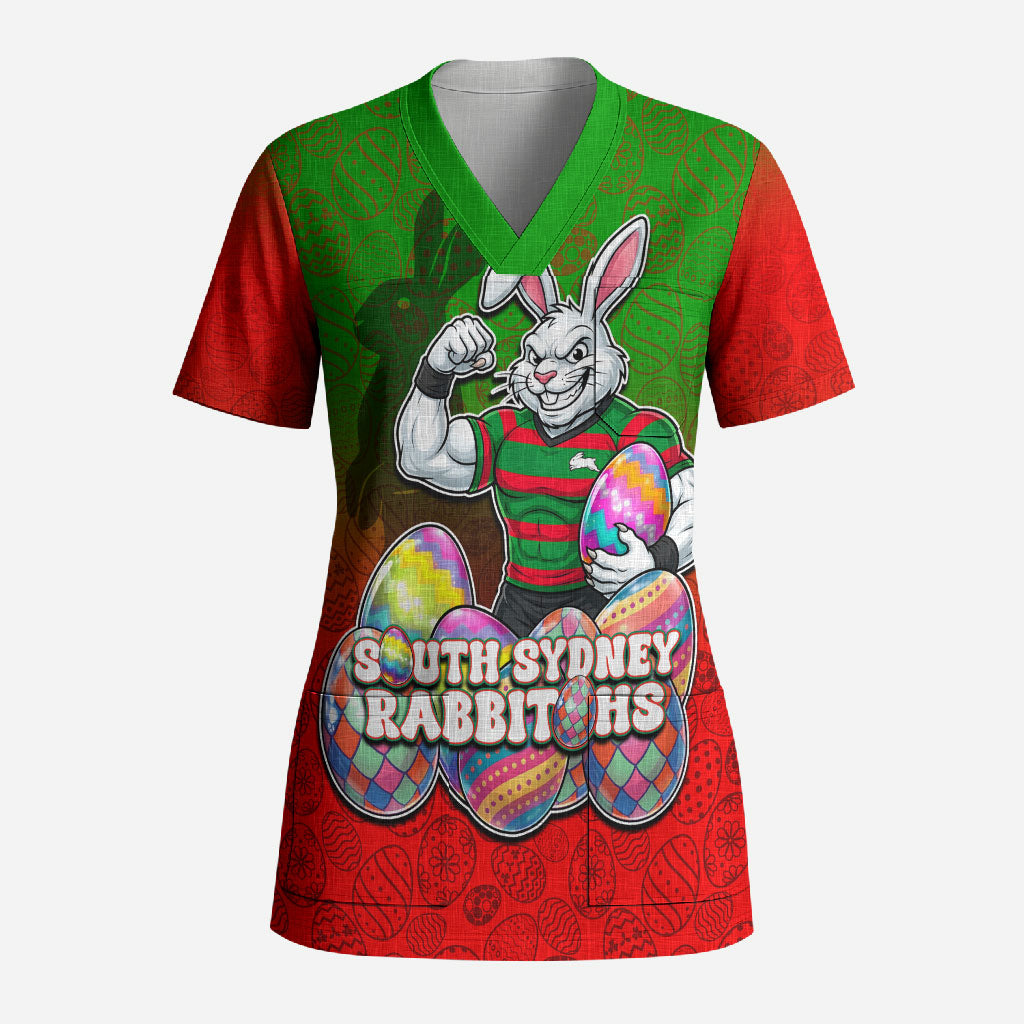 Personalized South Sydney Rabbitohs Scrub Top Easter Mascot - Colorful Eggs Cartoon Style