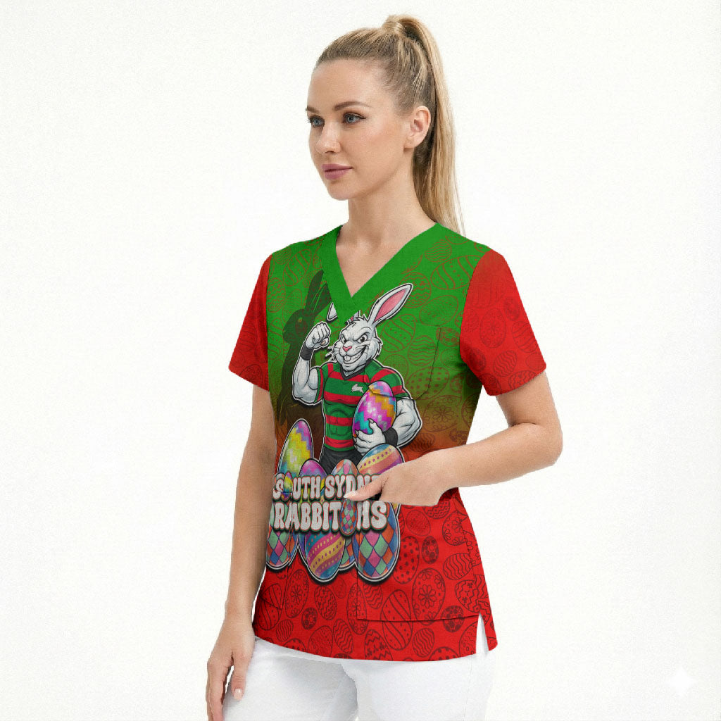 Personalized South Sydney Rabbitohs Scrub Top Easter Mascot - Colorful Eggs Cartoon Style