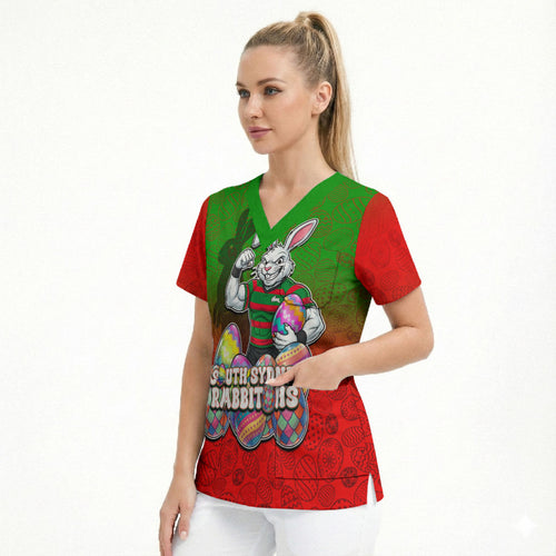 Personalized South Sydney Rabbitohs Scrub Top Easter Mascot - Colorful Eggs Cartoon Style