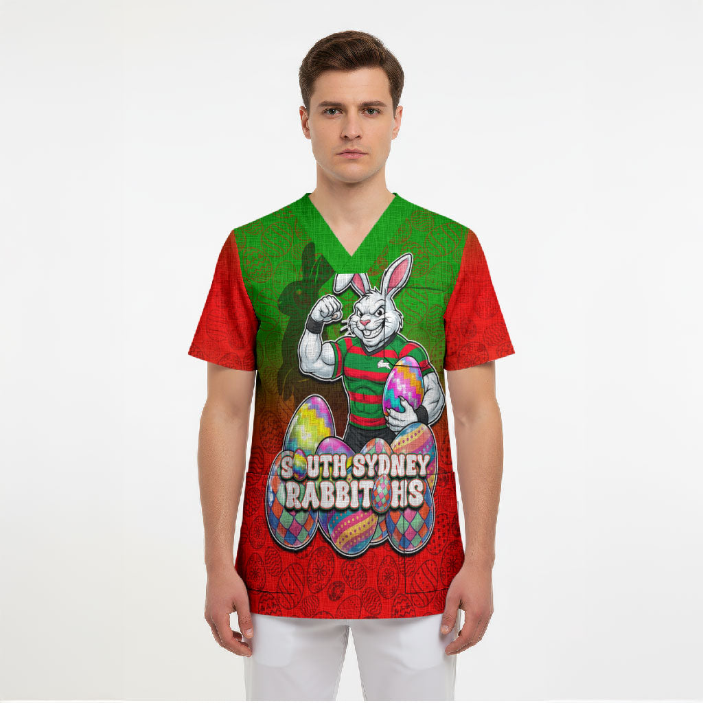 Personalized South Sydney Rabbitohs Scrub Top Easter Mascot - Colorful Eggs Cartoon Style