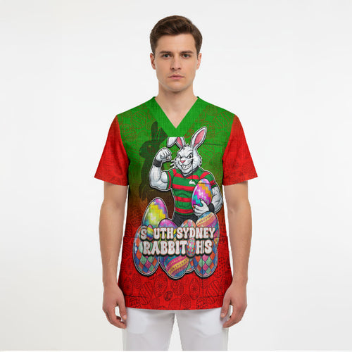 Personalized South Sydney Rabbitohs Scrub Top Easter Mascot - Colorful Eggs Cartoon Style
