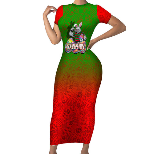 Personalized South Sydney Rabbitohs Short Sleeve Bodycon Dress Easter Mascot - Colorful Eggs Cartoon Style