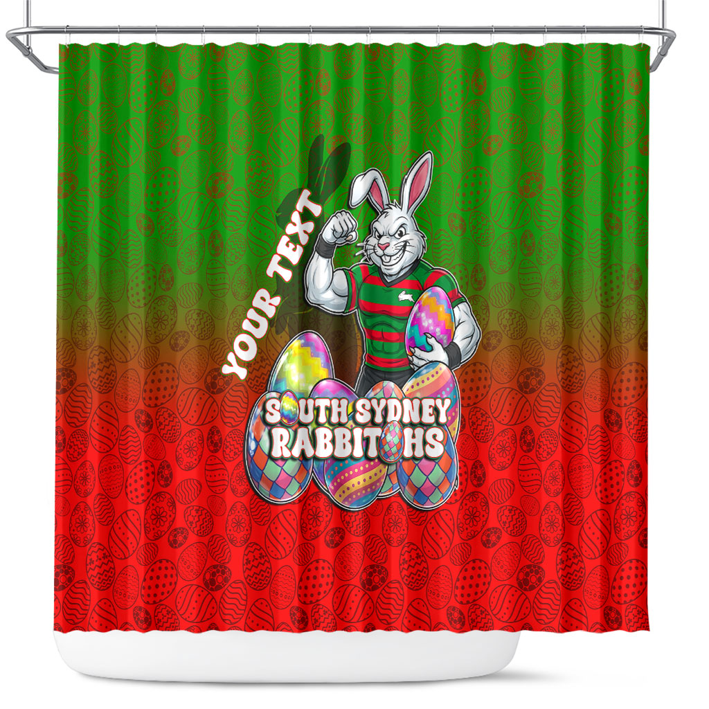 Personalized South Sydney Rabbitohs Shower Curtain Easter Mascot - Colorful Eggs Cartoon Style