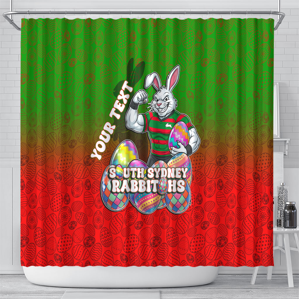 Personalized South Sydney Rabbitohs Shower Curtain Easter Mascot - Colorful Eggs Cartoon Style