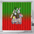 Personalized South Sydney Rabbitohs Shower Curtain Easter Mascot - Colorful Eggs Cartoon Style