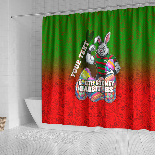 Personalized South Sydney Rabbitohs Shower Curtain Easter Mascot - Colorful Eggs Cartoon Style