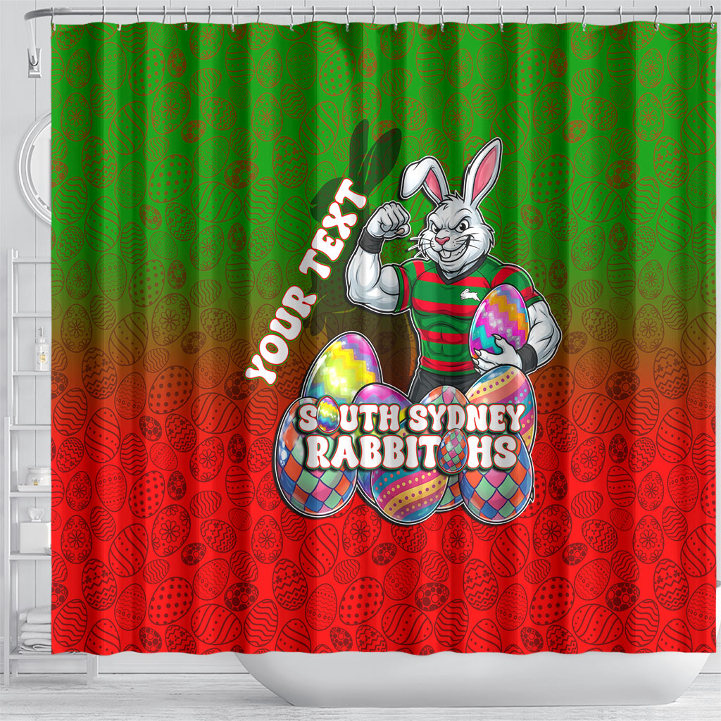 Personalized South Sydney Rabbitohs Shower Curtain Easter Mascot - Colorful Eggs Cartoon Style