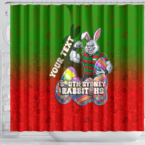Personalized South Sydney Rabbitohs Shower Curtain Easter Mascot - Colorful Eggs Cartoon Style