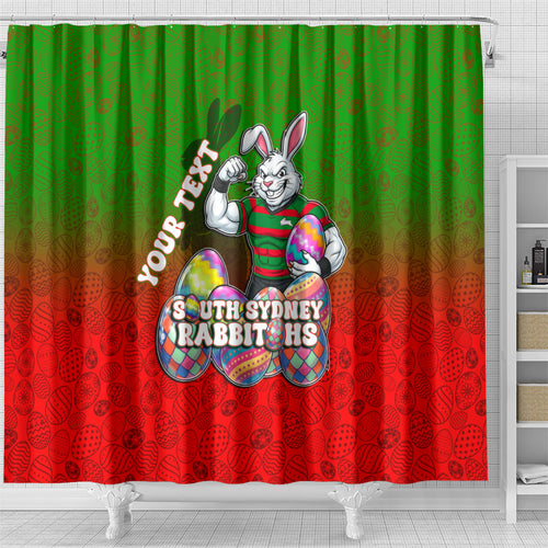 Personalized South Sydney Rabbitohs Shower Curtain Easter Mascot - Colorful Eggs Cartoon Style