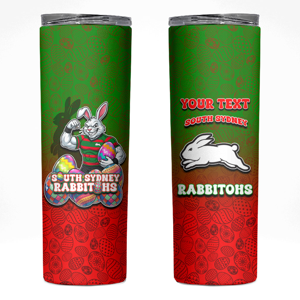 Personalized South Sydney Rabbitohs Skinny Tumbler Easter Mascot - Colorful Eggs Cartoon Style