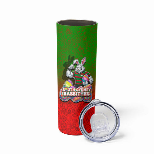 Personalized South Sydney Rabbitohs Skinny Tumbler Easter Mascot - Colorful Eggs Cartoon Style