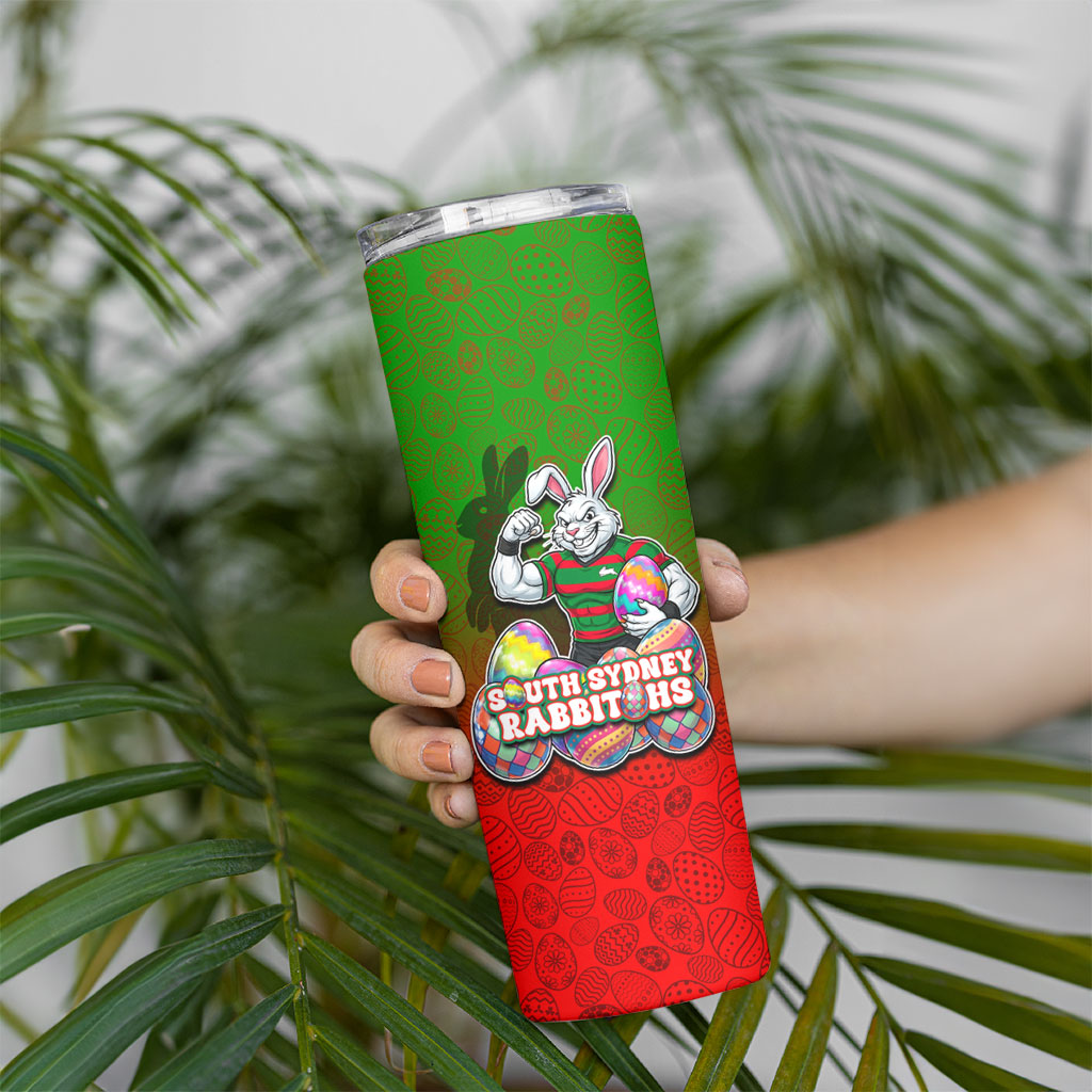 Personalized South Sydney Rabbitohs Skinny Tumbler Easter Mascot - Colorful Eggs Cartoon Style