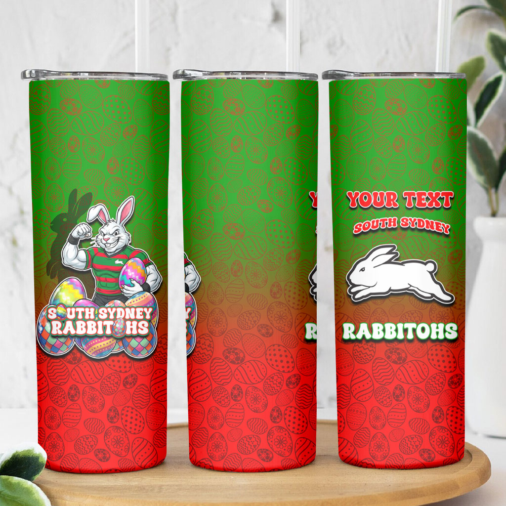 Personalized South Sydney Rabbitohs Skinny Tumbler Easter Mascot - Colorful Eggs Cartoon Style