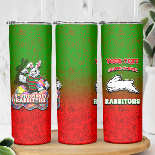 Personalized South Sydney Rabbitohs Skinny Tumbler Easter Mascot - Colorful Eggs Cartoon Style