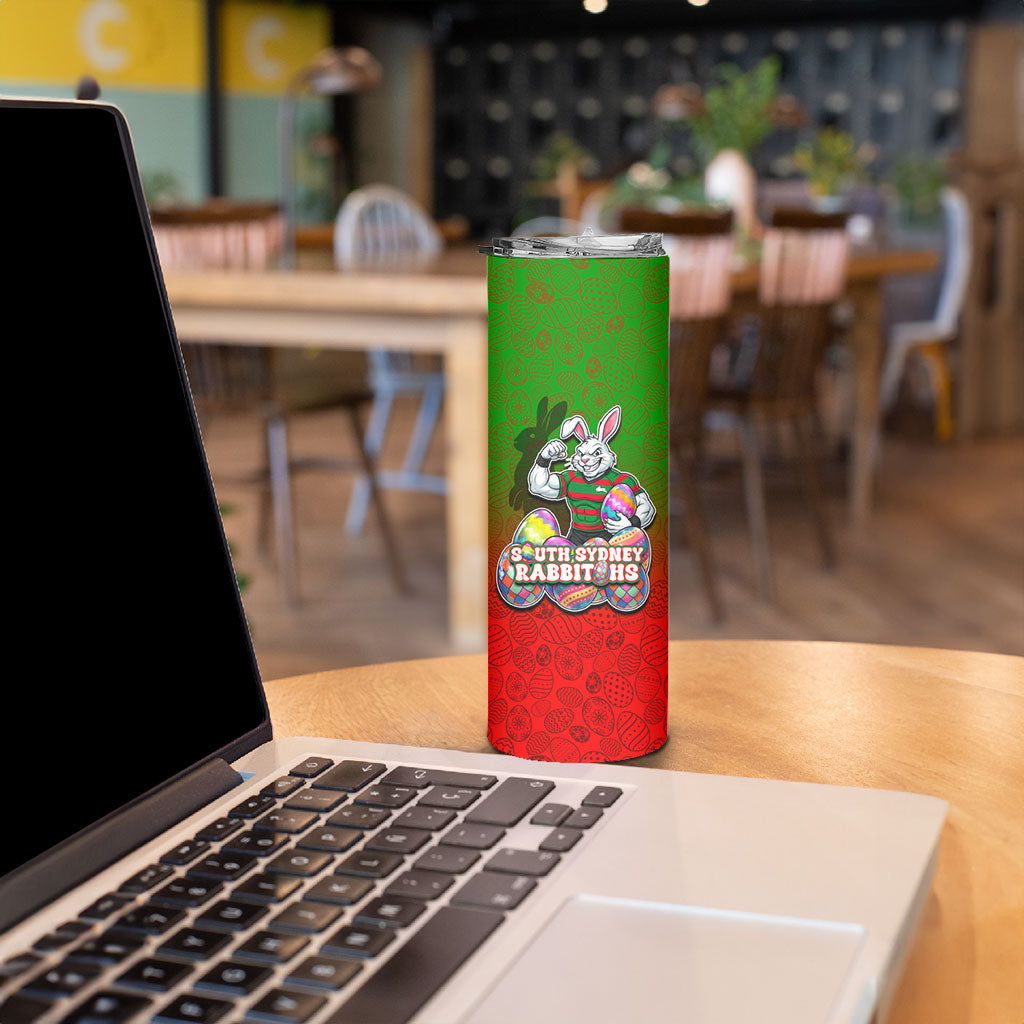 Personalized South Sydney Rabbitohs Skinny Tumbler Easter Mascot - Colorful Eggs Cartoon Style