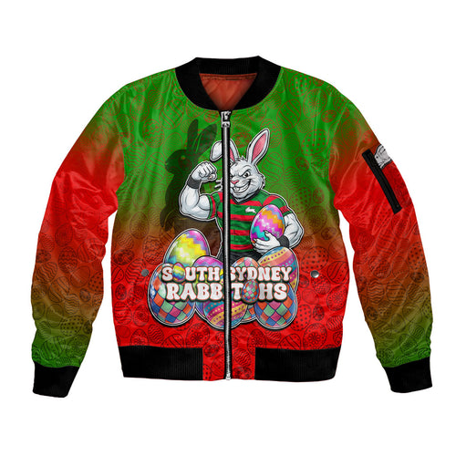 Personalized South Sydney Rabbitohs Sleeve Zip Bomber Jacket Easter Mascot - Colorful Eggs Cartoon Style