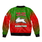 Personalized South Sydney Rabbitohs Sleeve Zip Bomber Jacket Easter Mascot - Colorful Eggs Cartoon Style