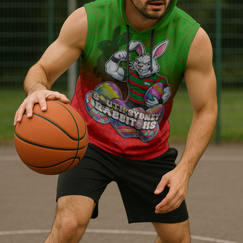 Personalized South Sydney Rabbitohs Sleeveless Hoodie Easter Mascot - Colorful Eggs Cartoon Style