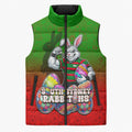 Personalized South Sydney Rabbitohs Sleeveless Puffer Jacket Easter Mascot - Colorful Eggs Cartoon Style