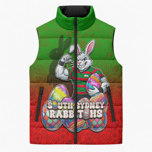 Personalized South Sydney Rabbitohs Sleeveless Puffer Jacket Easter Mascot - Colorful Eggs Cartoon Style