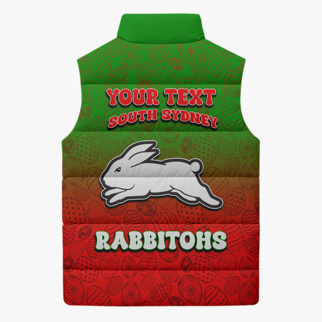 Personalized South Sydney Rabbitohs Sleeveless Puffer Jacket Easter Mascot - Colorful Eggs Cartoon Style