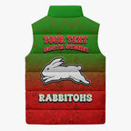 Personalized South Sydney Rabbitohs Sleeveless Puffer Jacket Easter Mascot - Colorful Eggs Cartoon Style