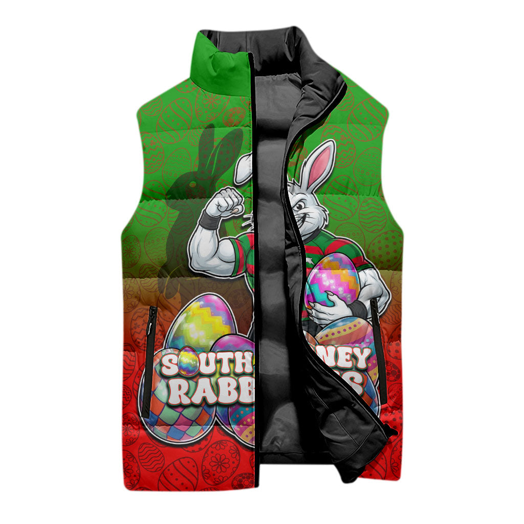 Personalized South Sydney Rabbitohs Sleeveless Puffer Jacket Easter Mascot - Colorful Eggs Cartoon Style