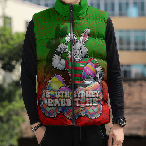 Personalized South Sydney Rabbitohs Sleeveless Puffer Jacket Easter Mascot - Colorful Eggs Cartoon Style
